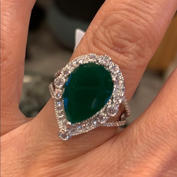 4ct Pear Sterling Silver Green CZ Engagement Ring
